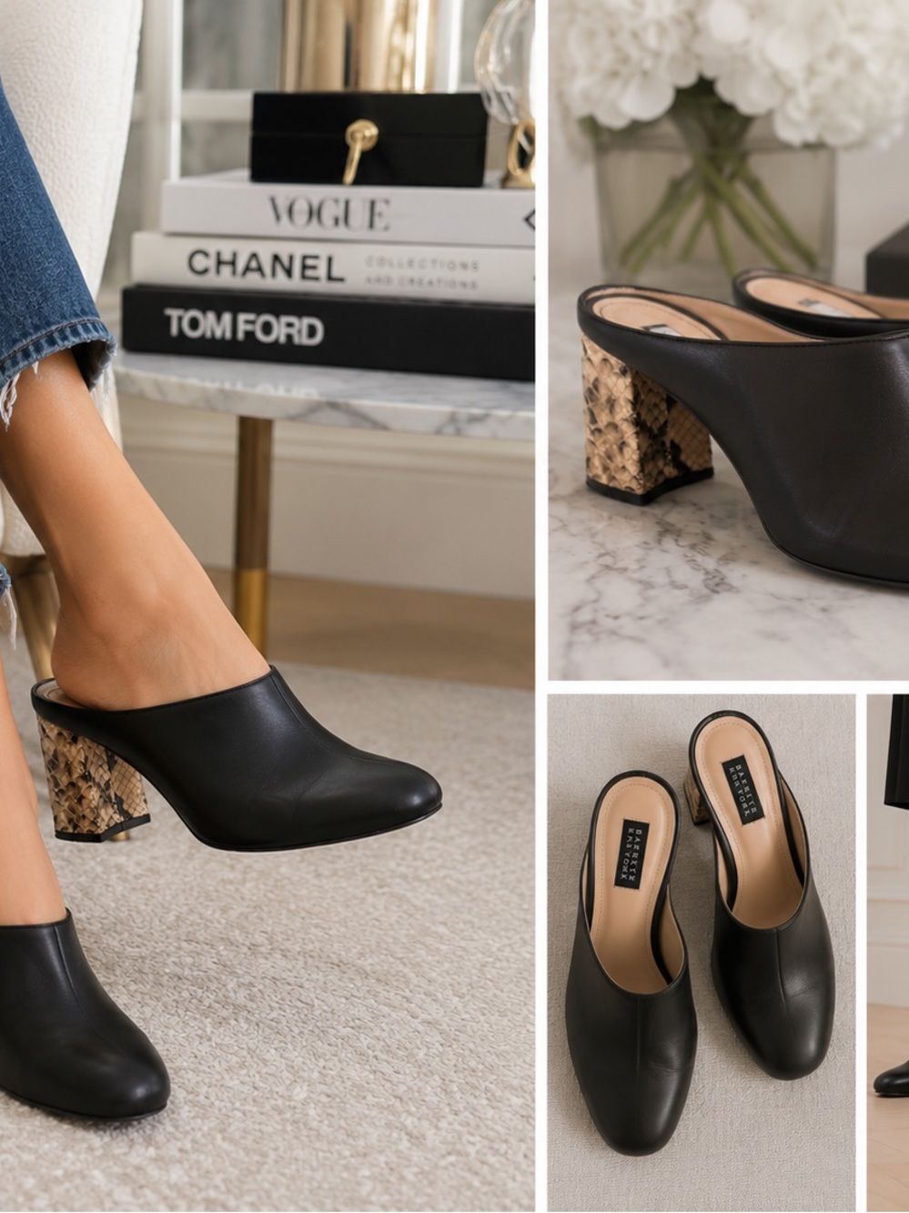 Barney’s New York Leather Mules Black Women Sz 6 Snakeskin Print Block Heels